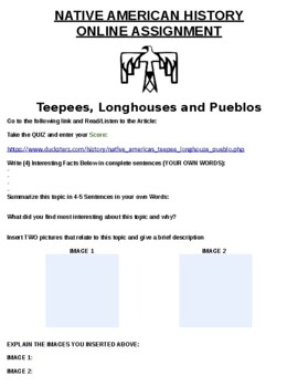 Preview of Teepees, Longhouses and Pueblos Online Assignment W/ Online Article (Word)