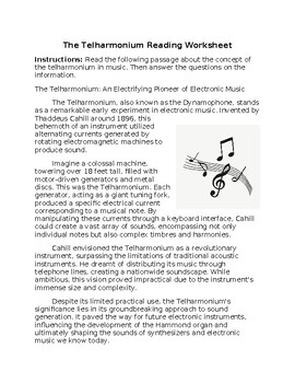 Preview of Telharmonium Reading Worksheet FREE **Editable**