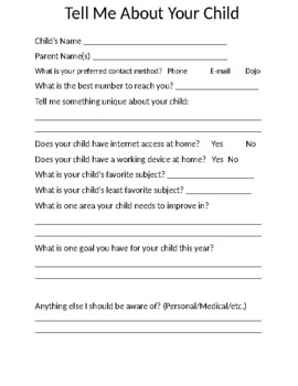 Preview of Tell Me About Your Child/ Parent Survey