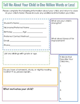 Preview of Tell Me About Your Child in One Million Words or Less! Parent Student Info Sheet
