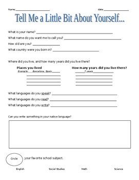 ESL Beginning of the Year Tell Me a Little Bit About Yourself Survey by ...