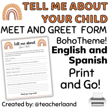 Preview of Tell me about your Child! Questionnaire/Parent Form Boho Theme. Print and Go!