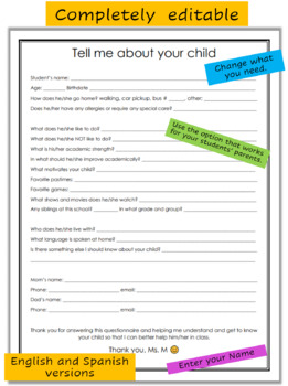 Preview of Tell me about your child ENG & SPANISH | Back to School | Meet the Teacher Night