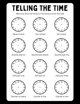 Preview of Telling The Time Draw the Clock Hands Worksheet Template