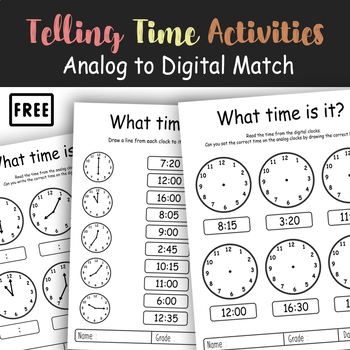 Preview of Telling Time Activities | Analog to Digital Match | Free