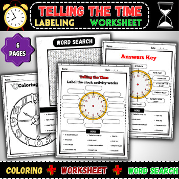 Preview of Telling Time Activities:Label the Clock Activity works,Coloring Page,Word search