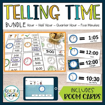 Preview of Telling Time Bundle Worksheets, Anchor Charts, Flashcards and Boom Cards