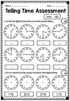 telling time assessment quarter hour half hour hour tpt