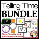 Telling Time BUNDLE Bingo, Task Cards, & Worksheets w/ Riddles!