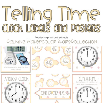 Preview of Telling Time Clock Labels and Posters | Calming Stars Collection