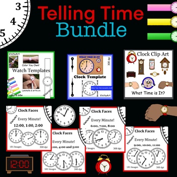 Preview of Telling Time Clock Faces Every Minute of Every Hour! + templates & clipart