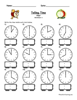 telling time clock worksheet to the hour by have fun