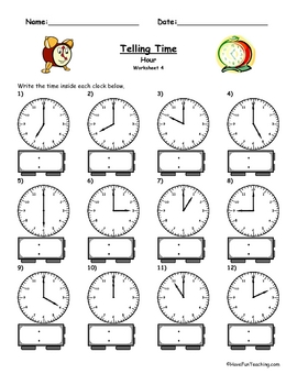 telling time clock worksheet to the hour by have fun