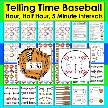 Preview of Telling Time Baseball Hour, Half Hour, Nearest 5 Minutes, Analog, Digital Clocks