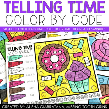 Preview of Telling Time Worksheets Color By Number Activities To The Hour, Half, 5 Minutes