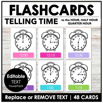 Preview of Telling Time EDITABLE Flashcards for ESL - to the HOUR, HALF HOUR, QUARTER HOUR