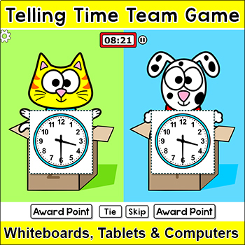 Preview of Telling Time Game -  Cat vs. Dog Team Challenge - A fun Smartboard Activity