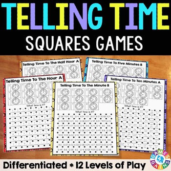 Preview of Telling Time Game Worksheets to the Nearest Minute, 5 Minutes, Hour & Half Hour