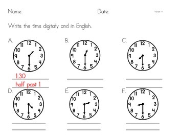 Telling Time - Half Past Practice, Analog to Digital and English by ny