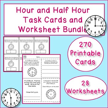 Preview of Telling Time Hour and Half Hour with Elapsed Time Task Cards and Worksheets