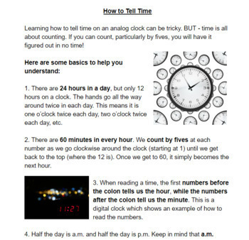 Preview of Telling Time - How to Read an Analog Clock - Handout