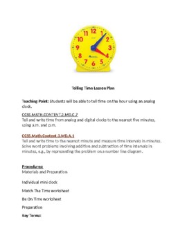 Preview of Telling Time Lesson Plan for Students with Autism