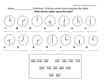 Telling Time Hour and Half Hour Worksheets by Brook | TpT