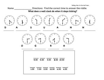 Telling Time Hour and Half Hour Worksheets by Brook | TpT