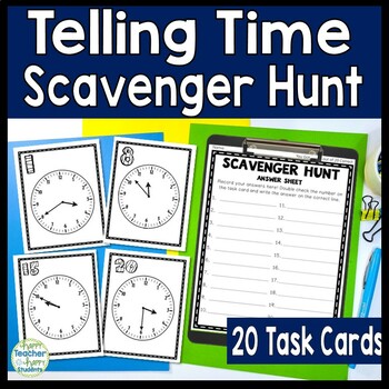 Preview of Telling Time Scavenger Hunt | 20 Telling Time Task Cards | Nearest Min. OR 5 Min