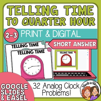 Preview of Telling Time Task Cards - To the Quarter Hour - Short Answer - Clock Fluency