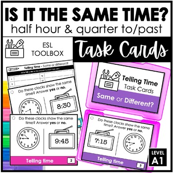 Preview of Telling Time Task Cards | Comparing Clocks - Half hour & quarter hour