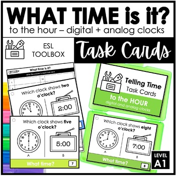 Preview of Telling Time Task Cards | To the hour - What time is it? Digital & Analog Clocks