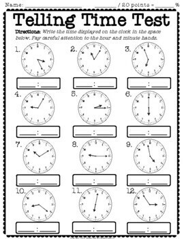 Telling Time Test: 2-Page Quiz (Telling Time to the Nearest Minute)