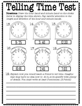 telling time test 2 page quiz telling time to the