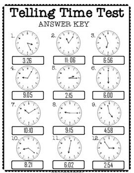 Telling Time Test: 2-Page Quiz (Telling Time to the Nearest Minute)