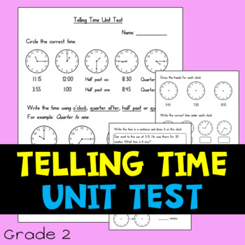 Preview of Telling Time Test for Grade 2