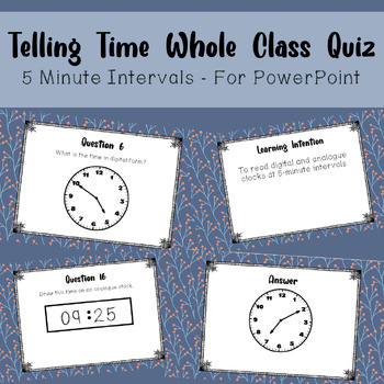 Preview of Telling Time Whole Class Quiz - 5 Minute Intervals PowerPoint