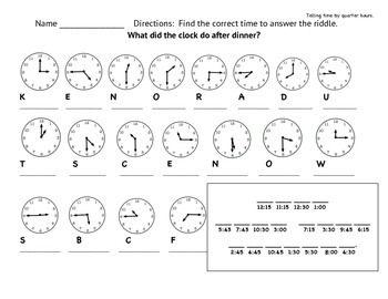 telling time quarter hours worksheet by brook teachers pay teachers