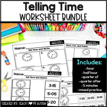 Preview of Telling Time Worksheet Bundle | Hour | Half-Hour | Quarter After | Mixed Time