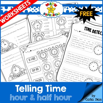 Preview of Telling Time Worksheets - Hour & Half Hour SAMPLE