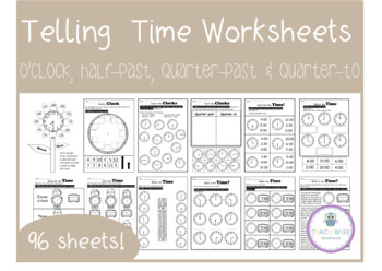 Preview of Telling Time Worksheets Mega Pack! Analog - Digital - Time phrases - Grades 1-3