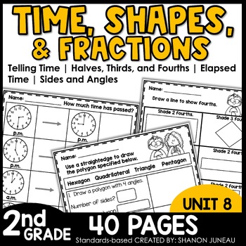 Preview of Telling Time, Elapsed hour & half, Shapes, Fractions 2nd Grade Math Worksheets