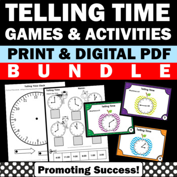 Preview of Telling Time Worksheets Task Cards Game BUNDLE Clock Labels Hands 2nd 3rd Grade