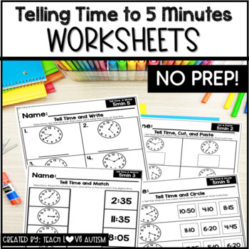 Preview of Telling Time Worksheets to Five Minutes