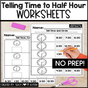 Preview of Telling Time Worksheets to the Half Hour 