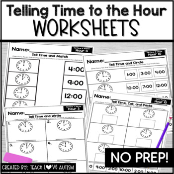 Preview of Telling Time Worksheets to the Hour 