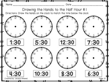 telling time worksheets to the hour and half hour by