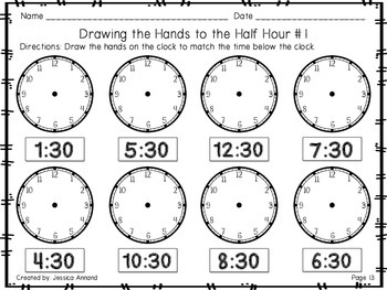 telling time worksheets to the hour and half hour by jessica annand