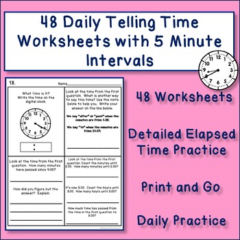 Preview of Telling Time and Elapsed Time Worksheets to the Nearest 5 Minutes