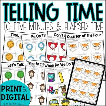 Preview of Telling Time and Elapsed Time Worksheets in No Prep Print & Google Slides 
